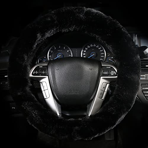 Cxtiy Warm Steering Wheel Cover with Handbrake Cover & Gear Shift Cover, Soft Fazzy Steering Wheel Wrap Faux Wool Fluffy for Winter 3 Pcs1 Set Fit Most of Car(Black) - Image 3