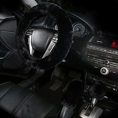 Cxtiy Warm Steering Wheel Cover with Handbrake Cover & Gear Shift Cover, Soft Fazzy Steering Wheel Wrap Faux Wool Fluffy for Winter 3 Pcs1 Set Fit Most of Car(Black) - Image 2