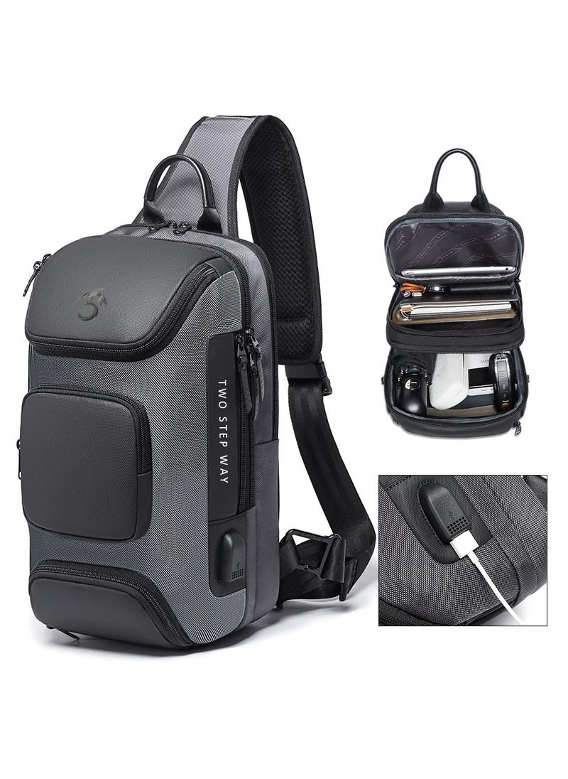 Generic - Sling Bags Man Waterproof Crossbody Backpack Multifunction Shoulder Bags with USB Charging Port Shoulder Messenger Bags Chest Bag 10 To 13 Inch Laptop And Tablet _ Grey - Image 1