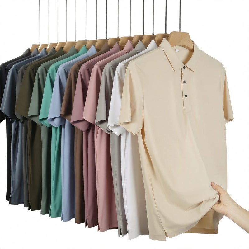 Men's Ice Silk Seamless Bonded Short Sleeve Polo Shirt Summer Business Turn-down Collar T-Shirt