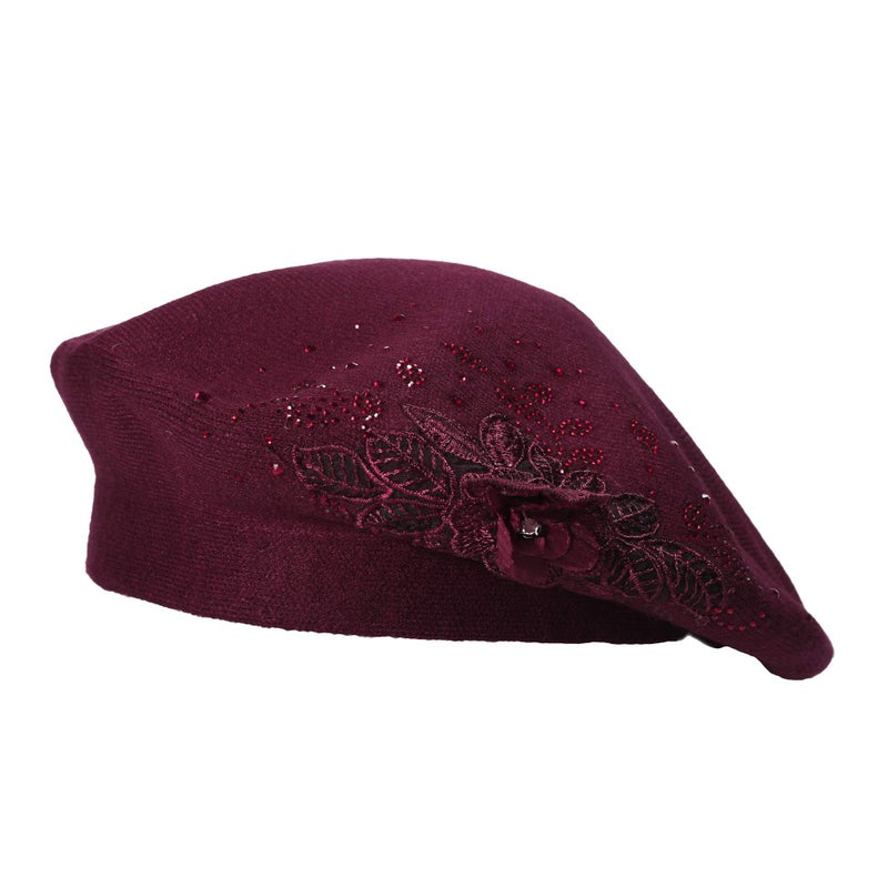 ZLYC Womens French Beret hat, Reversible Solid Color Mosaic Warm Beret Cap for Girls (Flower Burgundy) - Image 1
