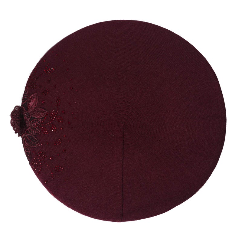 ZLYC Womens French Beret hat, Reversible Solid Color Mosaic Warm Beret Cap for Girls (Flower Burgundy) - Image 4
