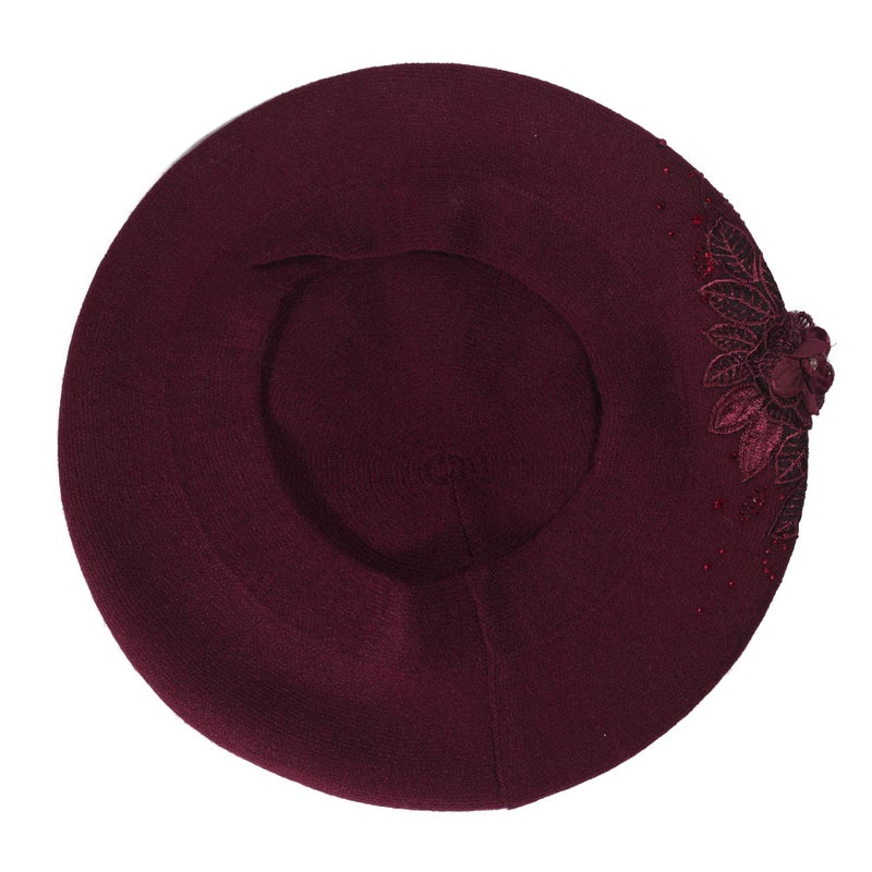 ZLYC Womens French Beret hat, Reversible Solid Color Mosaic Warm Beret Cap for Girls (Flower Burgundy) - Image 5