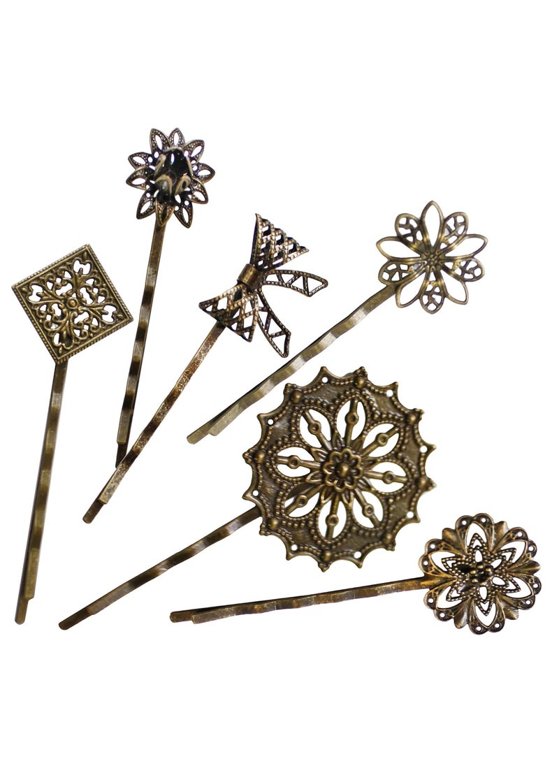 Lizzie Kay 6 Retro Vintage Metal Hair Pin Bobby Pins Flower Bow Royal Square Bronze Accessories Women Girls 