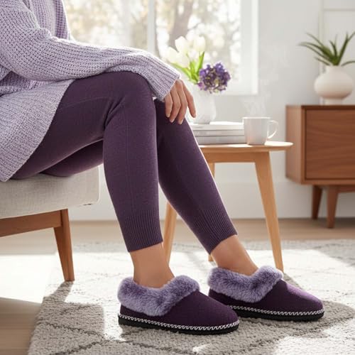 EverFoams Women's Bootie Slippers Warm Soft Comfy Memory Foam Non-slip Indoor House Shoes with Fluffy Collar (Purple, Size 6 M US) - Image 2