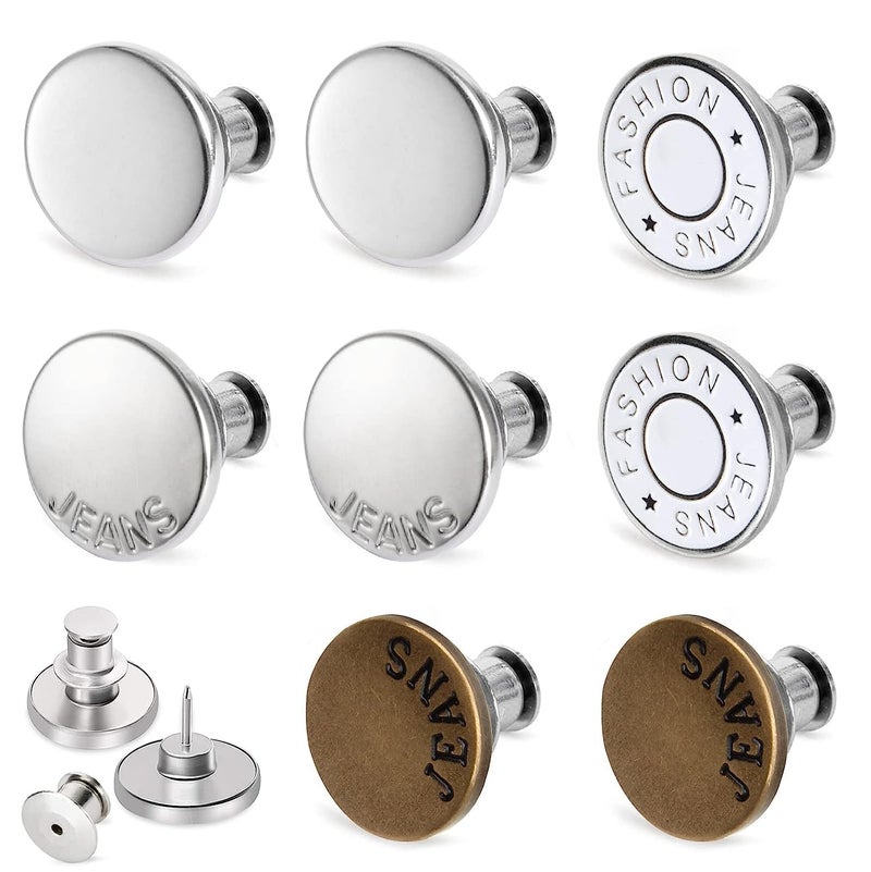 Bolt 8 Sets Button Pins for Jeans Perfect Fit Jean Button Replacement 4 Styles Adjustable Jean Button Pins Metal Clips Snap Tack No Sew Instant Extend or Reduce Any Pants Waist - Image 1