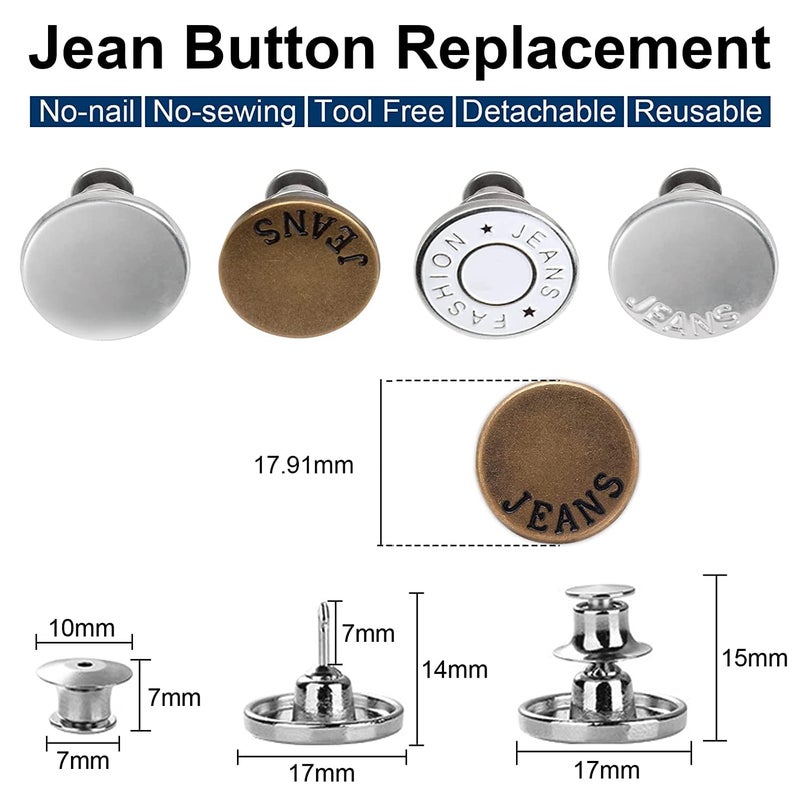 Bolt 8 Sets Button Pins for Jeans Perfect Fit Jean Button Replacement 4 Styles Adjustable Jean Button Pins Metal Clips Snap Tack No Sew Instant Extend or Reduce Any Pants Waist - Image 4