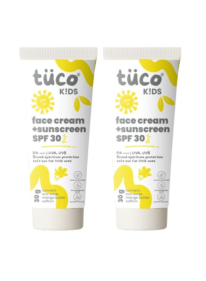 TuCo كريم "توكو" (TuCo) للأطفال 2 في 1 للوجه وواقي شمس (SPF 30) بزيت الزعفران | حماية واسعة النطاق (UVA/UVB) ومعيار PA++++ | خالٍ من البنزوفينون-3 والأفوبنزون ​​| عبوة مزدوجة (50 جم × 2) - Image 1