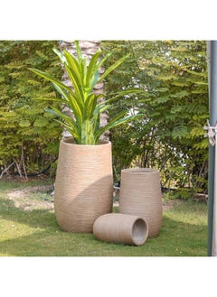 Fiber Clay Pots With Rattan Design Outdoor Plants Pot Garden Decor Decorative Planters For Home Garden L 35 x W 35 x H 55 cm - Beige