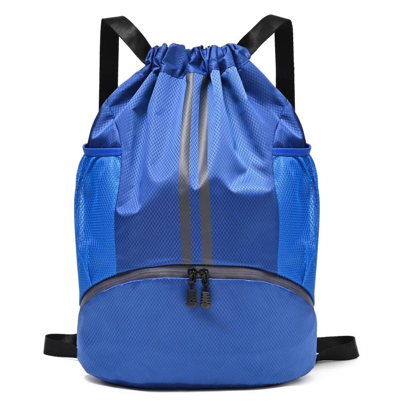 LOKAPEGY Drawstring Gym Bag for Men Waterproof Drawstring Backpack for Women Swim with Shoes Compartment Pull String Sport Bag for Soccer and Basketball Blue - Image 2
