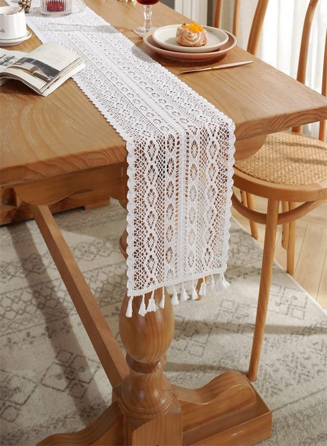 Teanea Cotton Narrow Macrame Table Runner Vintage Crochet Lace Table Runner with Tassels for Kitchen Coffee Dining Table (Wavy Edge White, 9.5 x 54in) - Image 1