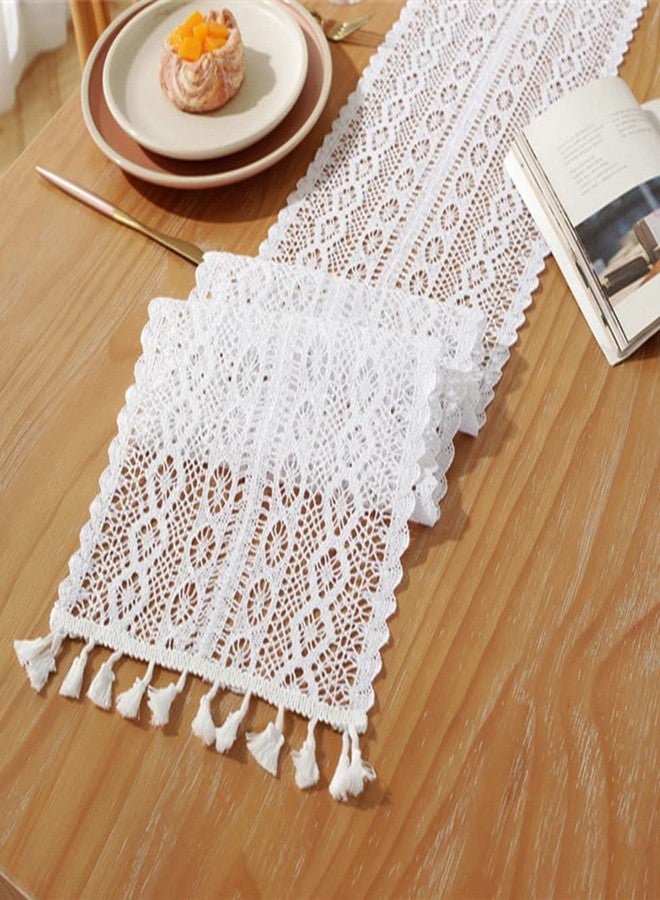 Teanea Cotton Narrow Macrame Table Runner Vintage Crochet Lace Table Runner with Tassels for Kitchen Coffee Dining Table (Wavy Edge White, 9.5 x 54in) - Image 3