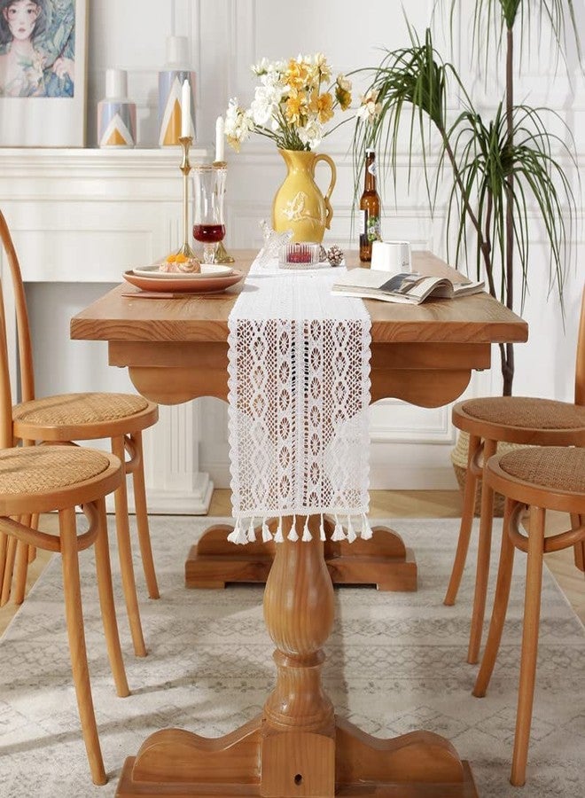 Teanea Cotton Narrow Macrame Table Runner Vintage Crochet Lace Table Runner with Tassels for Kitchen Coffee Dining Table (Wavy Edge White, 9.5 x 54in) - Image 4