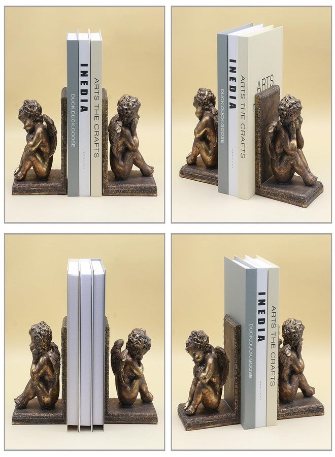 Lukitas Angel Book Ends, Heavy Duty Decorative Bookends, Nonskid Book Stoppers, Vintage Ornaments for Study Room Office Home Decor, Resin, Retro Gold, 1Pair/2Piece - Image 3