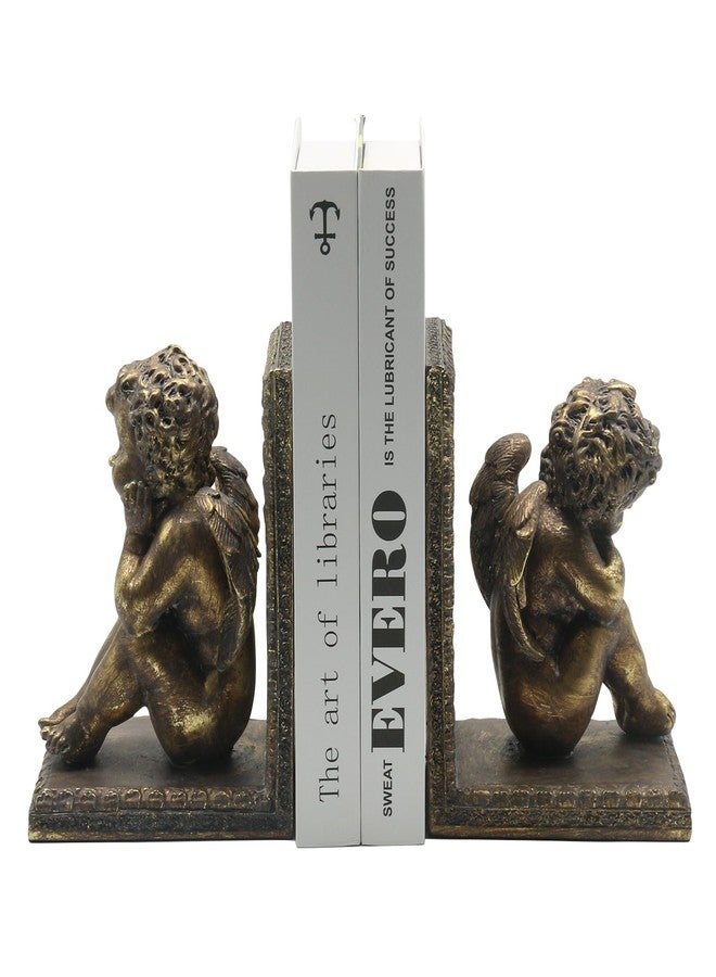 Lukitas Angel Book Ends, Heavy Duty Decorative Bookends, Nonskid Book Stoppers, Vintage Ornaments for Study Room Office Home Decor, Resin, Retro Gold, 1Pair/2Piece - Image 1
