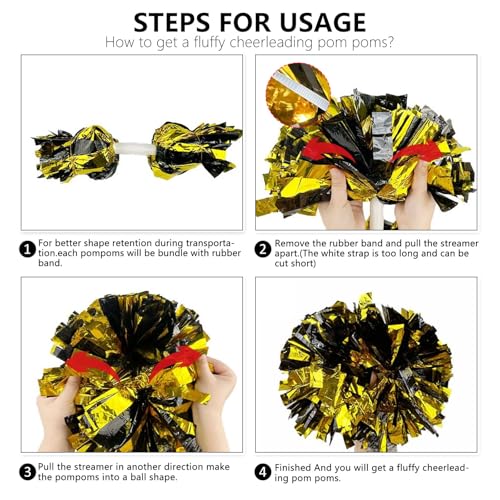 Zankubom 6 Pcs Gold Green Metallic Cheerleading Pom Poms, 12Inch Cheerleader Pompoms with Baton Handle for Kids Adults School Team Sports Games Dance Cheering - Image 3