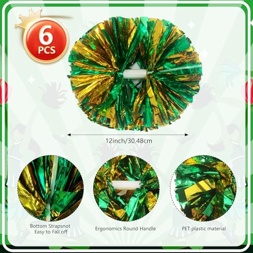 Zankubom 6 Pcs Gold Green Metallic Cheerleading Pom Poms, 12Inch Cheerleader Pompoms with Baton Handle for Kids Adults School Team Sports Games Dance Cheering - Image 2