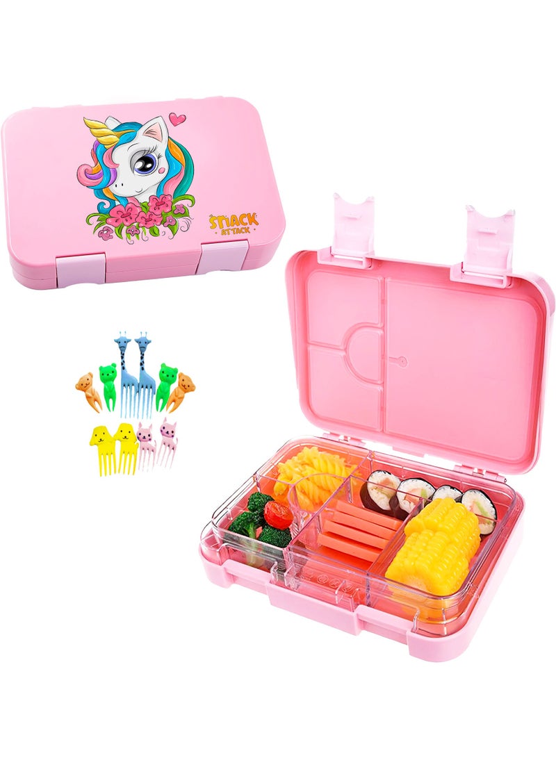 Snack attack Lunch Box for Kids school bento style 4 6 Conertible Compartments, Portion Lunch Box,  Food Graded Materials BPA FREE & LEAK PROOF,  Made of Triton, Pink Unicorn  - Image 1