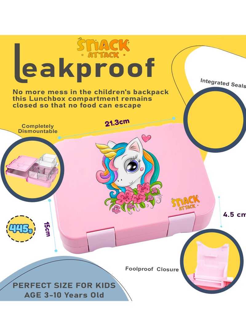 Snack attack Lunch Box for Kids school bento style 4 6 Conertible Compartments, Portion Lunch Box,  Food Graded Materials BPA FREE & LEAK PROOF,  Made of Triton, Pink Unicorn  - Image 2