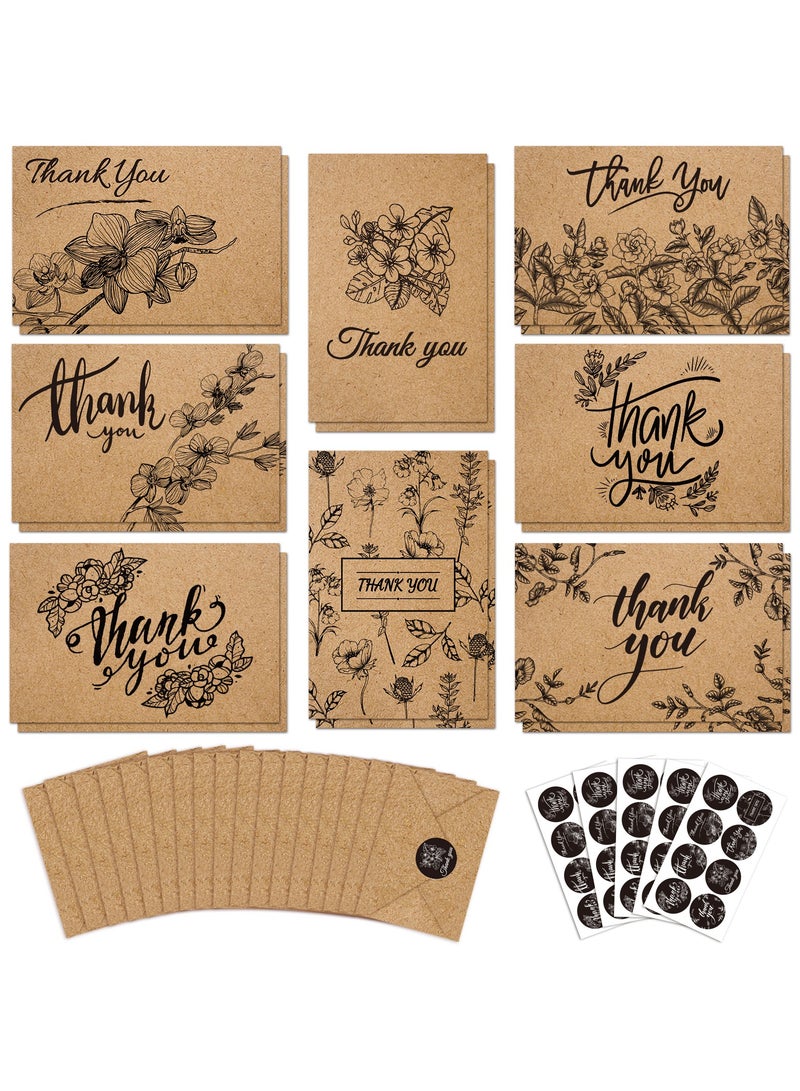 Kidepoch 24 Thank You Cards, 4x6 inch Brown Kraft Note Cards with Envelopes & Stickers, 8 Elegant Designs Blank Greeting for Wedding, Baby Shower, Graduation, Business and More  - Image 1