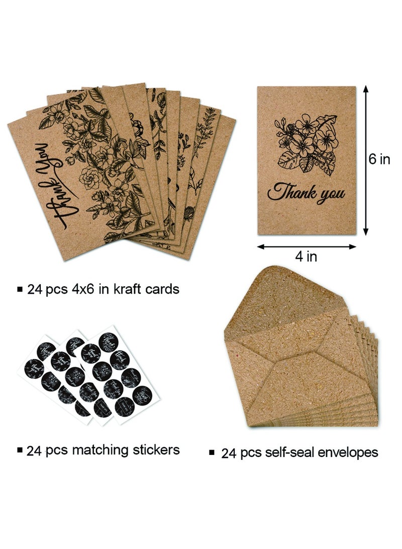 Kidepoch 24 Thank You Cards, 4x6 inch Brown Kraft Note Cards with Envelopes & Stickers, 8 Elegant Designs Blank Greeting for Wedding, Baby Shower, Graduation, Business and More  - Image 2