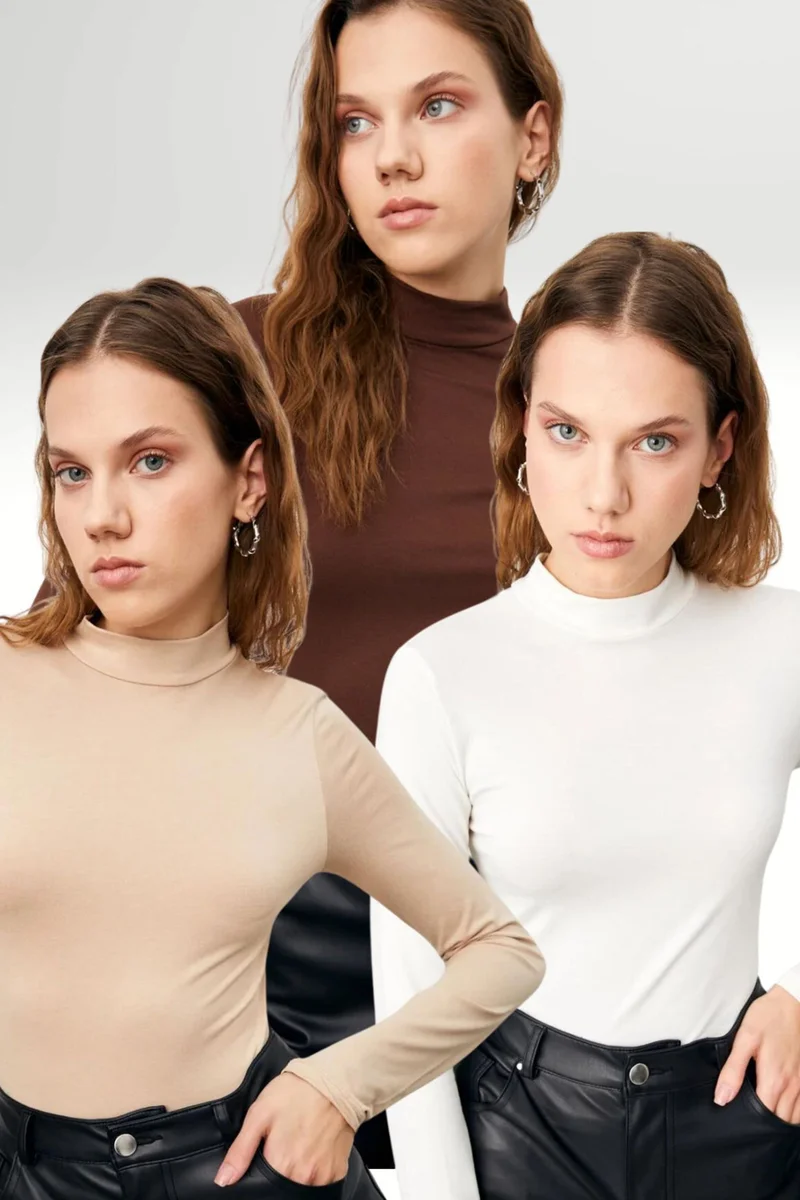 بيبانتولون BIPANTOLON Women's 3-Pack Slim Fit Turtleneck Bodysuits