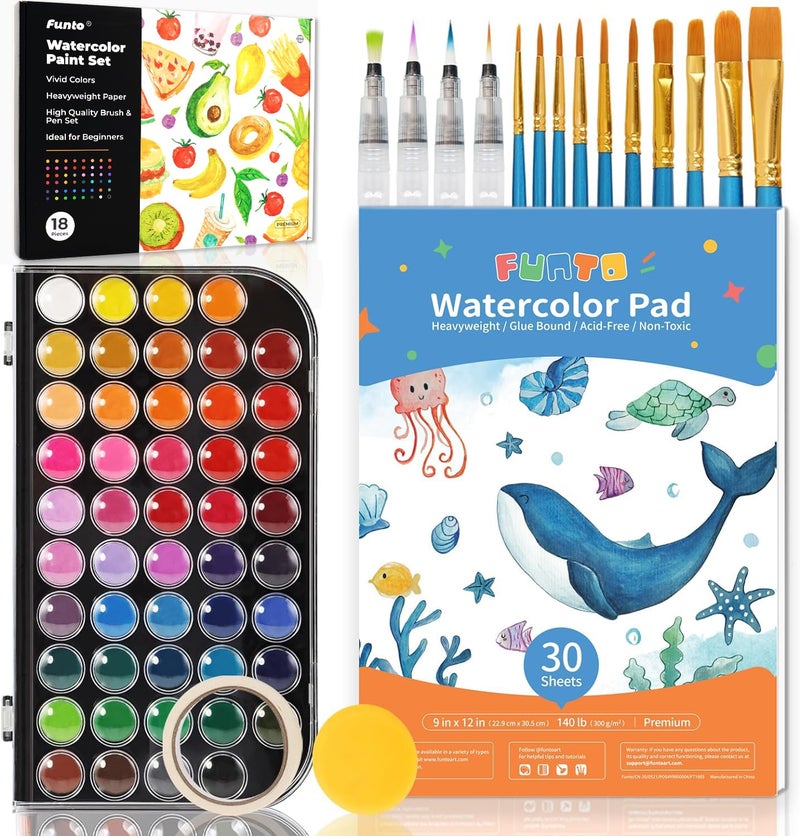 Funto Watercolor Set 48 Color Paint Set 10 Brushes 30 Page Pad9x12 4 Refillable Pens  More Painting Kit for Kids Adults Beginners