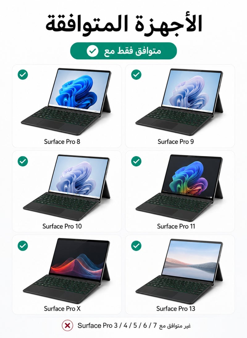 TUNKE Arabic/English Bluetooth Keyboard for Surface Pro 11/10/9/8/X, 7-Color Backlit Wireless Keyboard with Touchpad, Pen HoArabic-English Bluetooth Backlit Keyboard with Touchpad for Surface Pro 8/9/10/11/X/13, 7-Color Wireless Keyboard, Magnetic Holder & Pen Slotlder & Magnetic Attachment for Saudi Arabia - Image 2