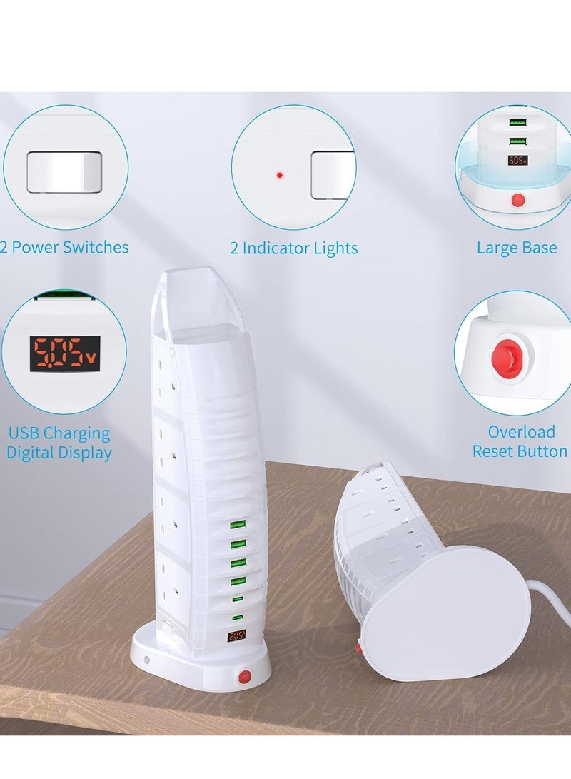 ELTRAZONE Tower Extension Lead with 8 Outlets & 6 USB Ports (2 Type-C, 4 USB) – 3.6A Vertical Power Strip with 2M Cable  - Image 4