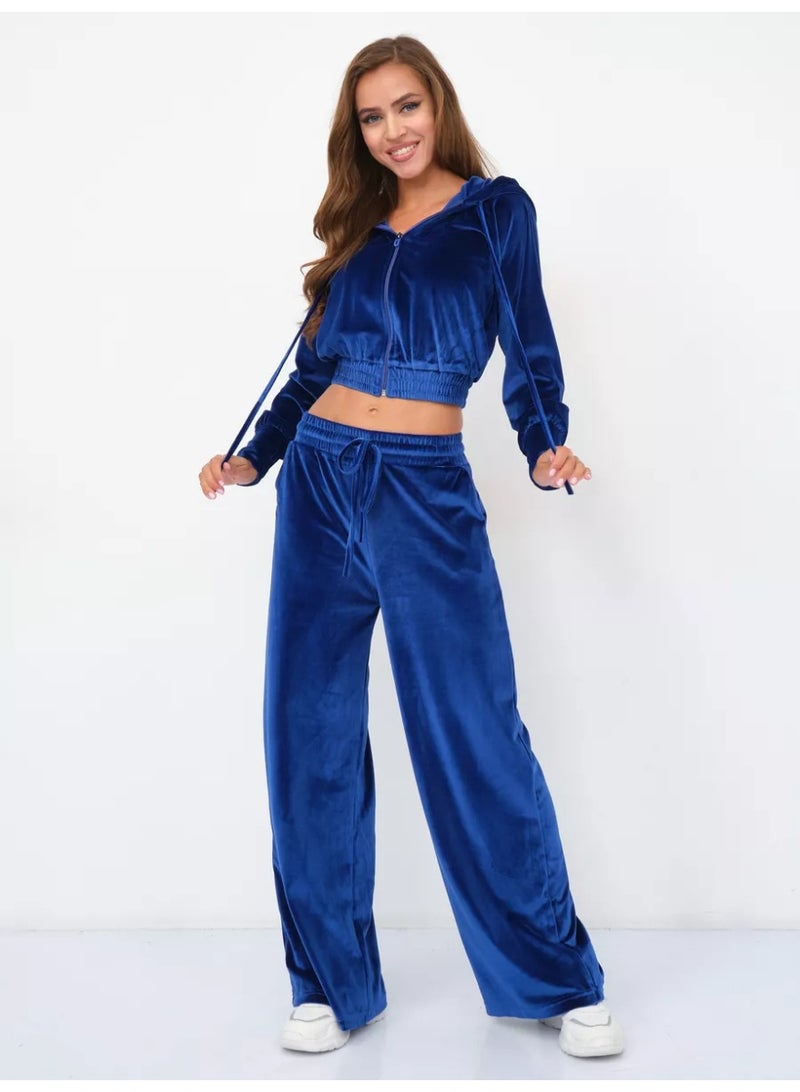 NIBEMINENT Silver Fox Velvet Sweatshirt Two-piece Suit Women Casual Sets Hoodies Short Zipper-up Top Straight Trousers Pleuche 2-piece Sets - Image 2