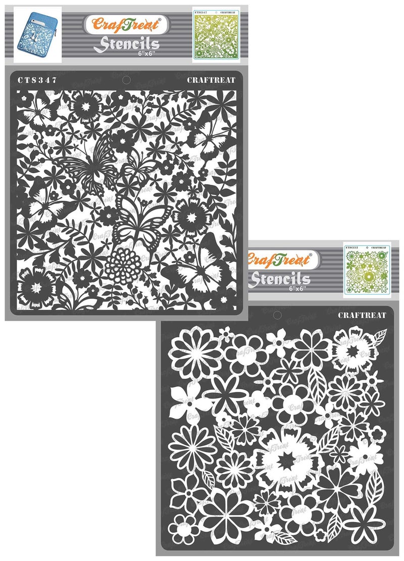 CrafTreat Butterfly Stencil for Painting on Canvas - Butterfly Delight & Brimming Blooms (2Pcs) - Size: 6X6 Inches - Mixed Media Stencils for Craft and Art - Flower Stencils Set for Painting - Image 1