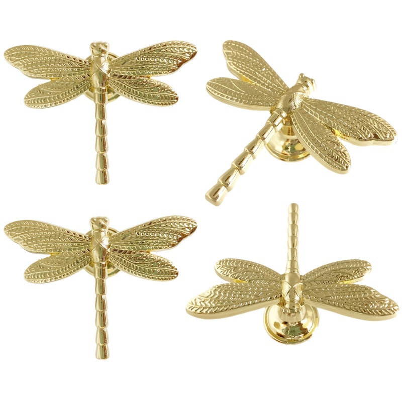 4 Exquisite Gold Plated Dragonfly Shaped Metal Drawer Handles For Cabinet Golden - Image 1