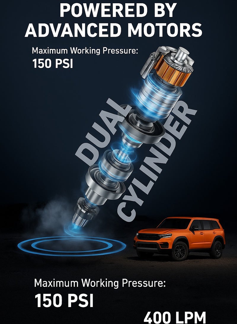 صن رايز ضاغط هواء 12 فولت لنفخ إطارات السيارات – ضغط 150 PSI، تدفق 400 لتر/دقيقة، مضخة قوية مع حماية من الحمل الزائد، خرطوم مطاطي بطول 7 متر، مضخة محمولة للسيارات والشاحنات والدراجات - Image 2