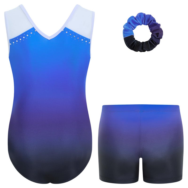 Gogokids Girls Gymnastics Leotard Set with Shorts, Sparkly Rhinestone Gradient Mesh Dance Outfit for Ballet Training, Gradient Blue, 3-4 Years - Image 2