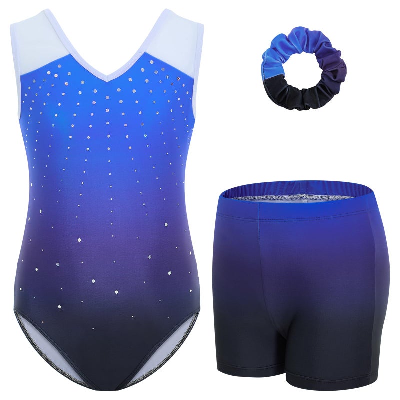 Gogokids Girls Gymnastics Leotard Set with Shorts, Sparkly Rhinestone Gradient Mesh Dance Outfit for Ballet Training, Gradient Blue, 3-4 Years - Image 1
