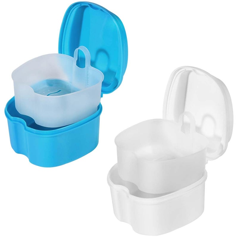 KISEER KISEER 2 Pack Colors Denture Bath Case Cup Box Holder Storage Soak Container with Strainer Basket for Travel Cleaning White and Light Blue