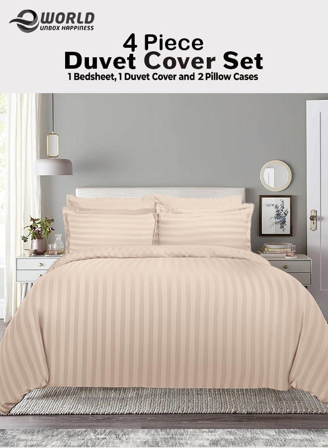 Eworld Premium Striped Duvet Set All Season – 4-Pieces Set Cream | King Size 220x240 cm | Ultra-Soft, Wrinkle-Resistant & Made in Dubai | Includes Duvet Cover, Fitted Sheet (200x200 cm) & 2 Pillowcases (50x70 cm) - Image 1