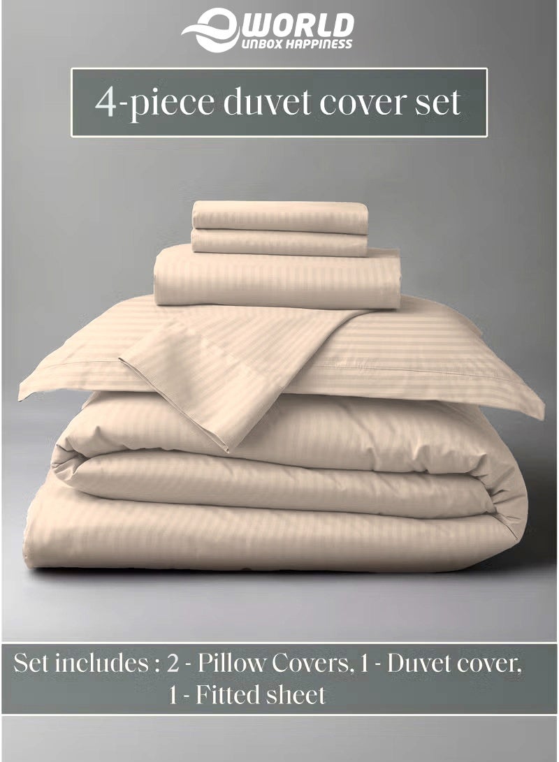 Eworld Premium Striped Duvet Set All Season – 4-Pieces Set Cream | King Size 220x240 cm | Ultra-Soft, Wrinkle-Resistant & Made in Dubai | Includes Duvet Cover, Fitted Sheet (200x200 cm) & 2 Pillowcases (50x70 cm) - Image 2