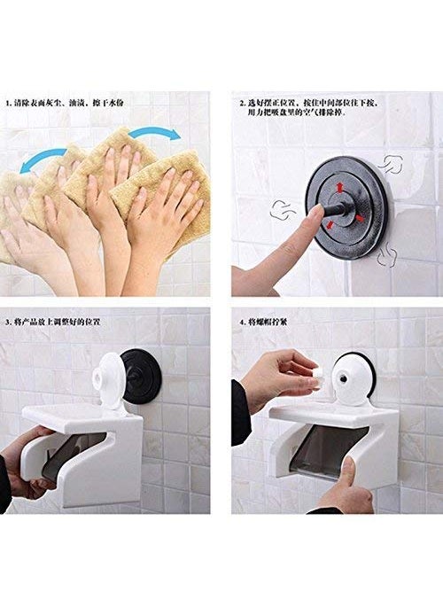 JIAVAXA - Tissue Roll Toilet Paper Holder with Shelf for Bathroom Suction Cup Mount in Smooth and Glossy Surface 100 Waterproof ABS Plastic Material Standard Size Pack of 1 - Image 1