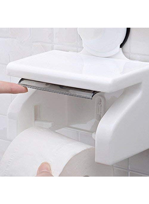JIAVAXA - Tissue Roll Toilet Paper Holder with Shelf for Bathroom Suction Cup Mount in Smooth and Glossy Surface 100 Waterproof ABS Plastic Material Standard Size Pack of 1 - Image 1