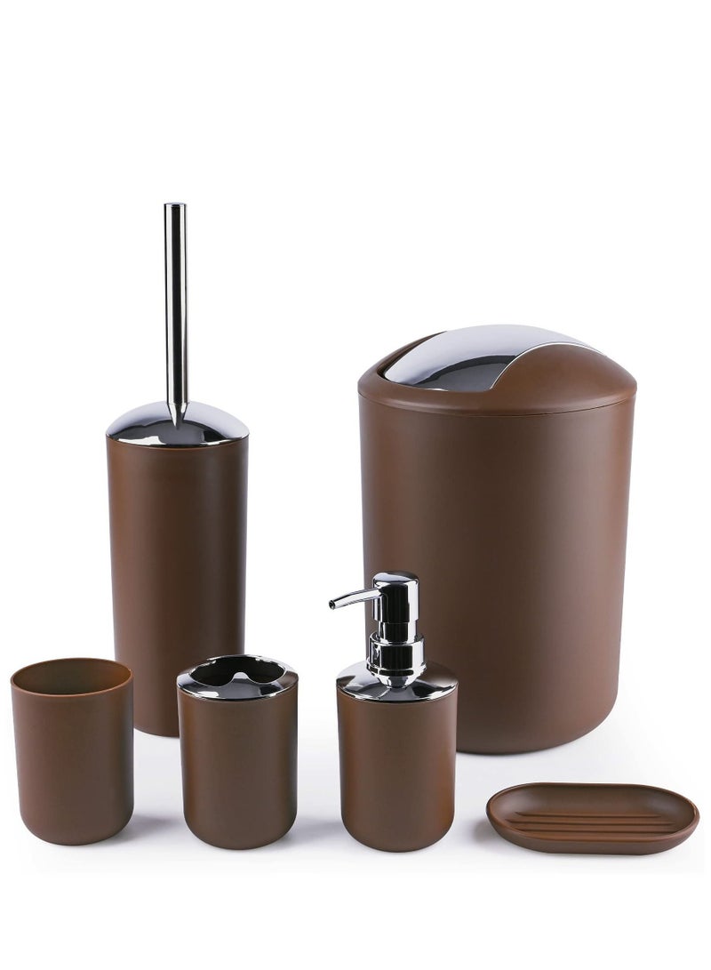 Arabest Bathroom Accessory Set 6 Piece Plastic Gift Bathroom Set Includes Storage Bucket Pail Toilet Brush Toothbrush Holder Soap Dispenser Soap Dish Soap Lotion Set Cup Brown - Image 1