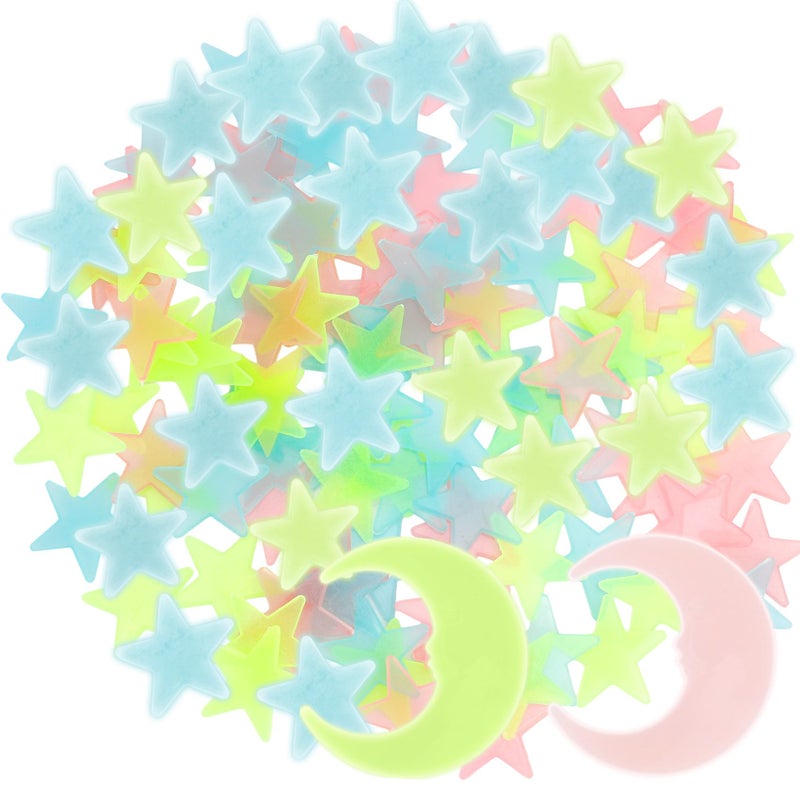 Glow in The Dark Stars for Ceiling, 200Pcs Colorful Glowing Stars and 2Pcs Moon Sticker 3D Star Stickers Plastic Glow Star for Ceiling Bedroom Wall Stickers Boys & Girls Room Decorations