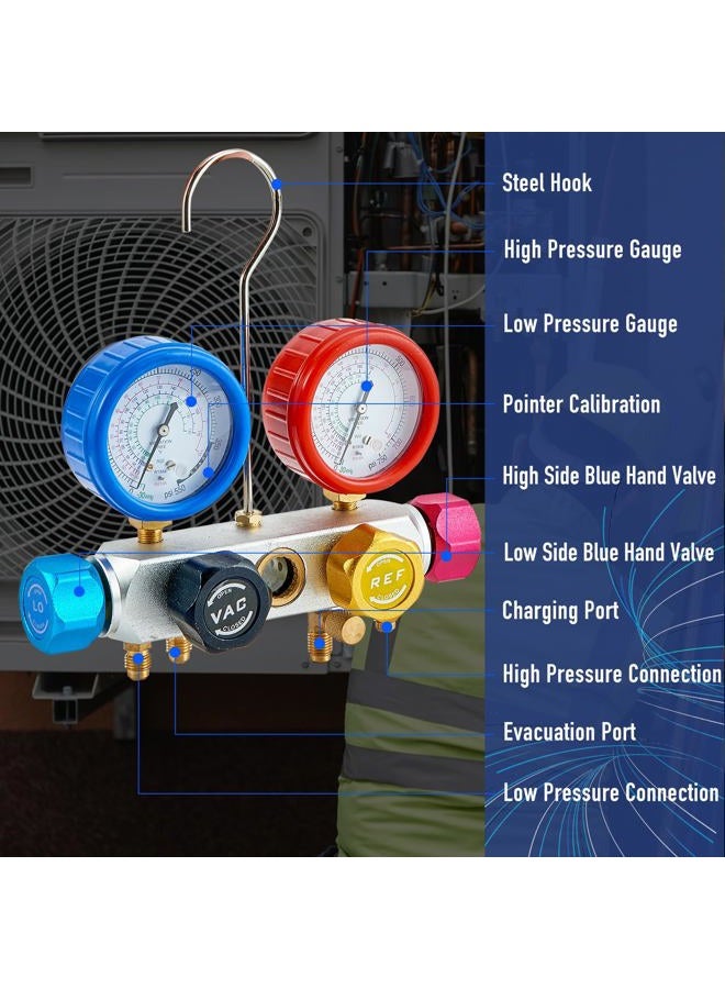 BACOENG Professional Vacuum Pump & Manifold Gauge Set - HVAC A/C Refrigeration Kit - Diagnostic R12 R22 R134a R410A - w/Case - Image 4
