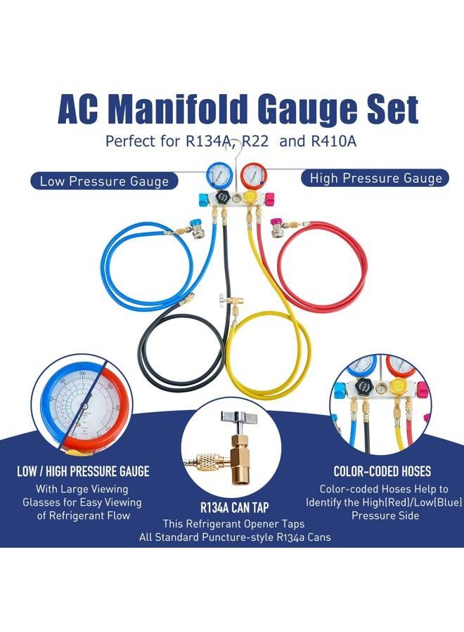 BACOENG Professional Vacuum Pump & Manifold Gauge Set - HVAC A/C Refrigeration Kit - Diagnostic R12 R22 R134a R410A - w/Case - Image 3