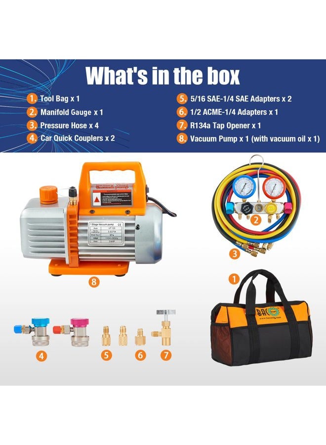 BACOENG Professional Vacuum Pump & Manifold Gauge Set - HVAC A/C Refrigeration Kit - Diagnostic R12 R22 R134a R410A - w/Case - Image 2