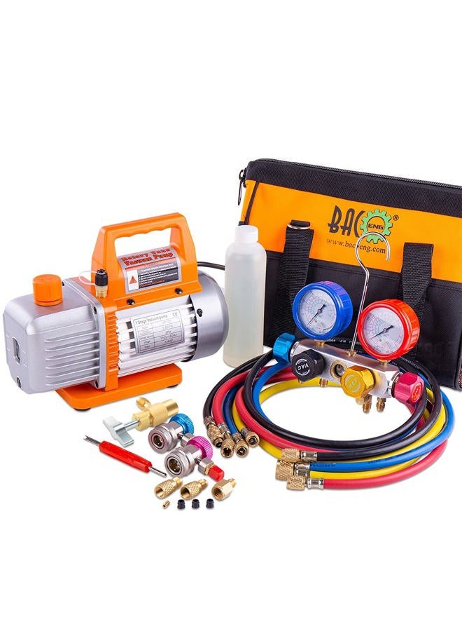 BACOENG Professional Vacuum Pump & Manifold Gauge Set - HVAC A/C Refrigeration Kit - Diagnostic R12 R22 R134a R410A - w/Case - Image 1