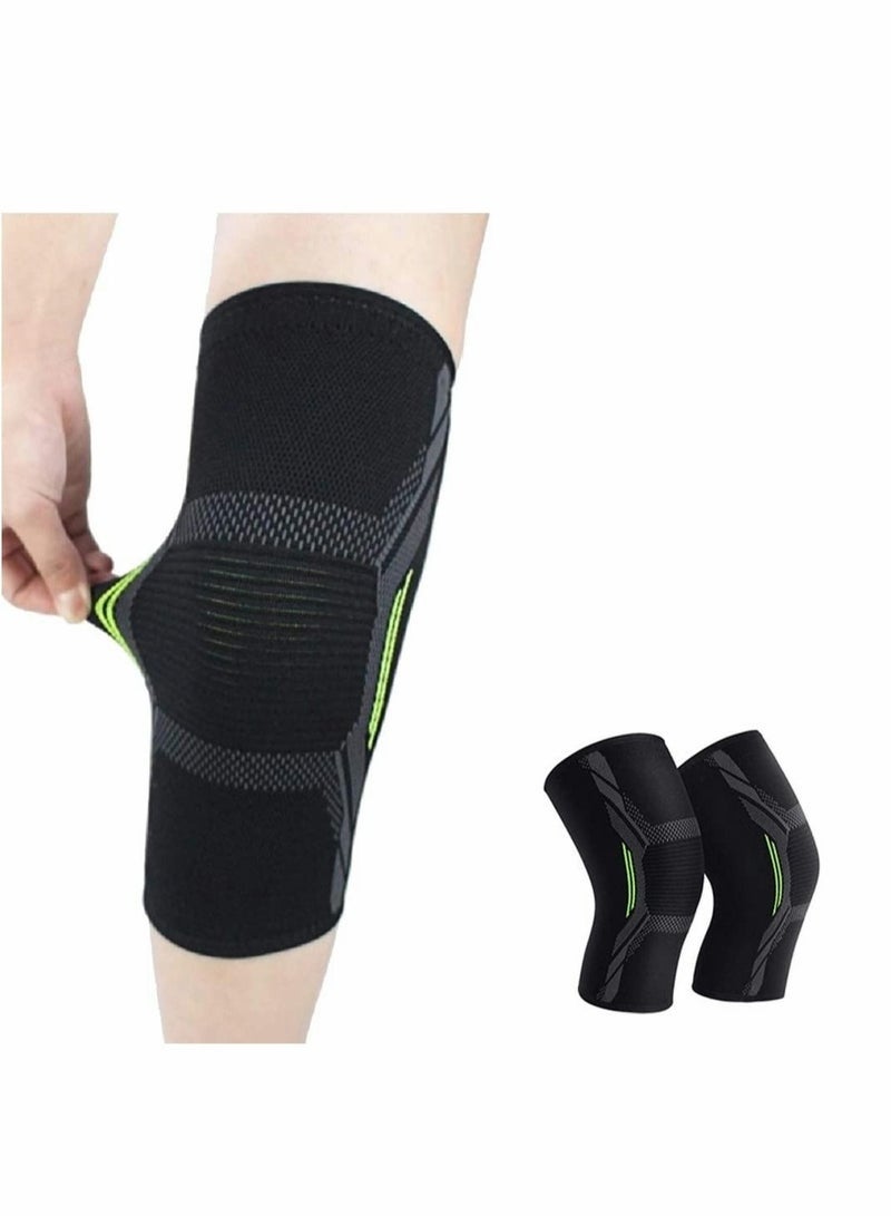 Knee Brace, 2 Pcs Knee Support Brace for Men & Women, Knee Compression Sleeve for Running, Pain Relief (Black Green) - Image 2