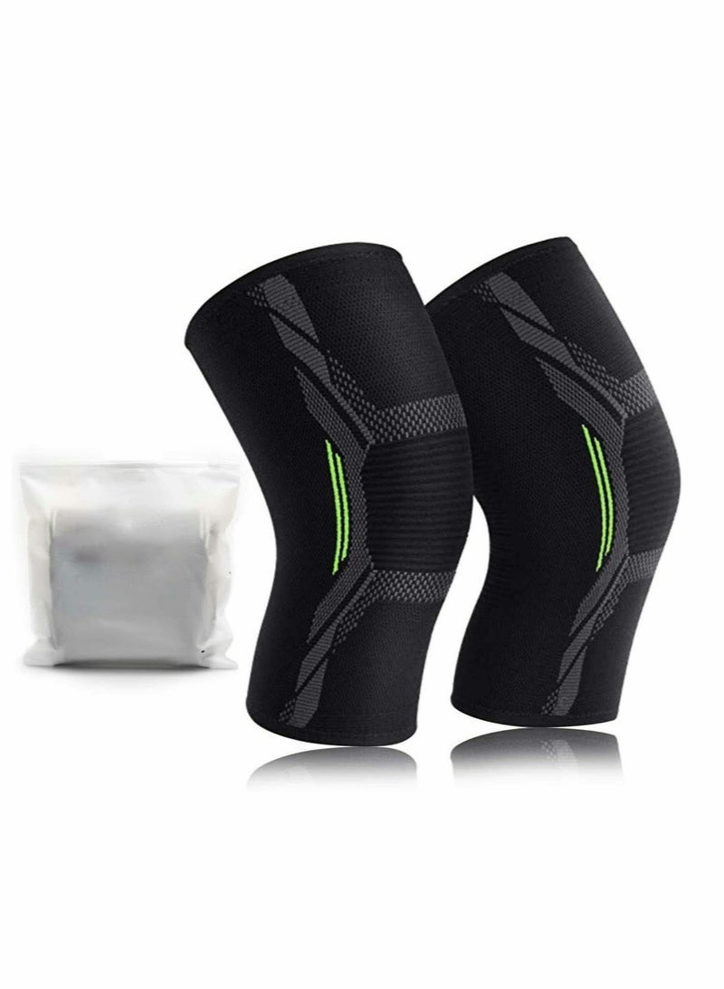 Knee Brace, 2 Pcs Knee Support Brace for Men & Women, Knee Compression Sleeve for Running, Pain Relief (Black Green) - Image 1