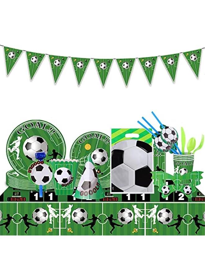 RYNX Football Dinnerware Set with Disposable Plates Cup corn Box Tablecloth Pennant Banner Sports Fanatic Soccer Party Tableware Kit for 10 Guests Included Party Favors Party Hats Blowers Horns - Image 1