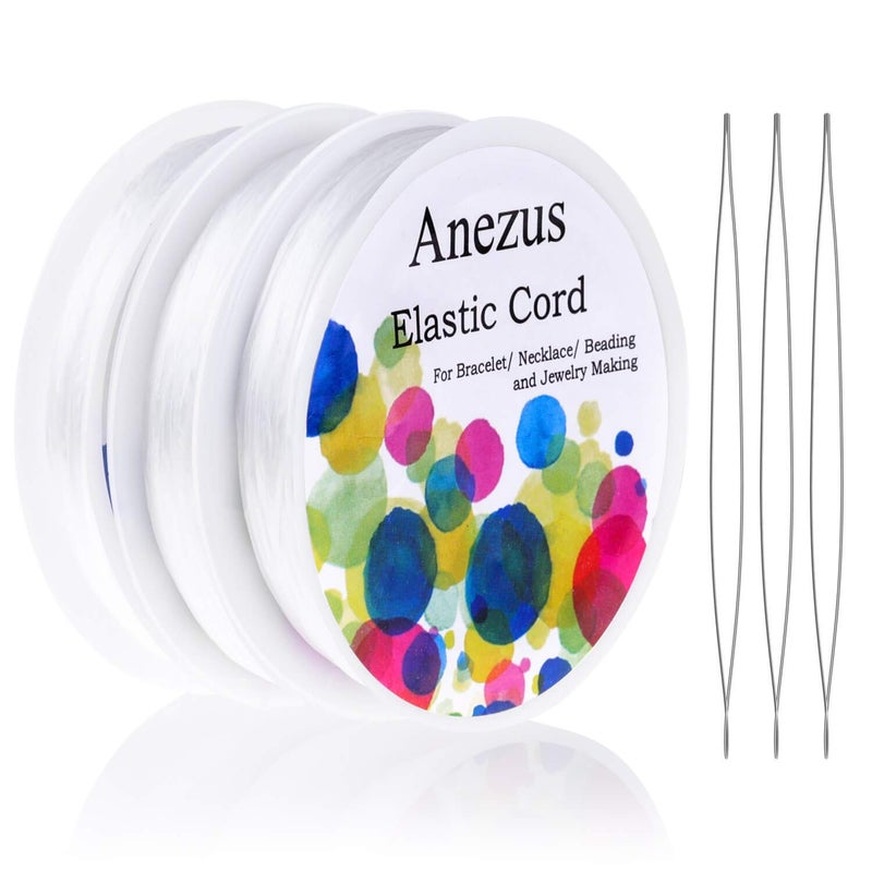 anezus Stretchy String for Bracelets Anezus 3 Rolls Elastic String Jewelry Bead Cord with 3pcs Large Eye Beading Needles for Pony Seed Beads Bracelets and Jewelry Making